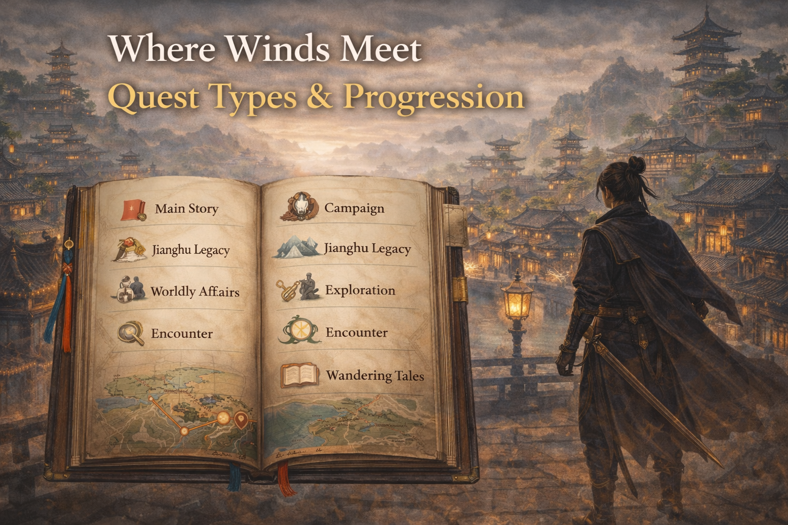 Where Winds Meet quests, quest types, quest progression, main story, Bright Tide, Tales and Echoes, Dark Surge, side quests, Campaign quests