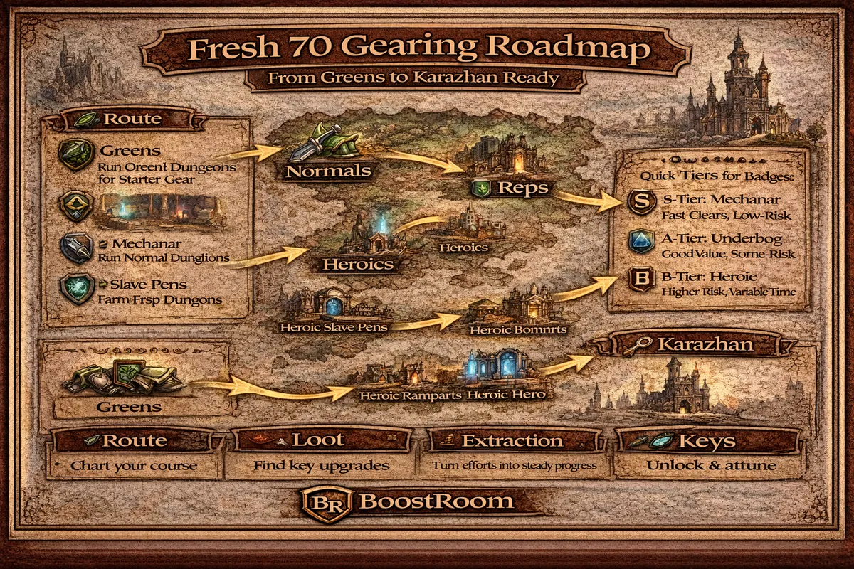 resh 70 gearing roadmap TBC Classic, greens to Karazhan ready, pre-raid gearing TBC Classic, best normal dungeons for gear TBC, heroic gearing path TBC