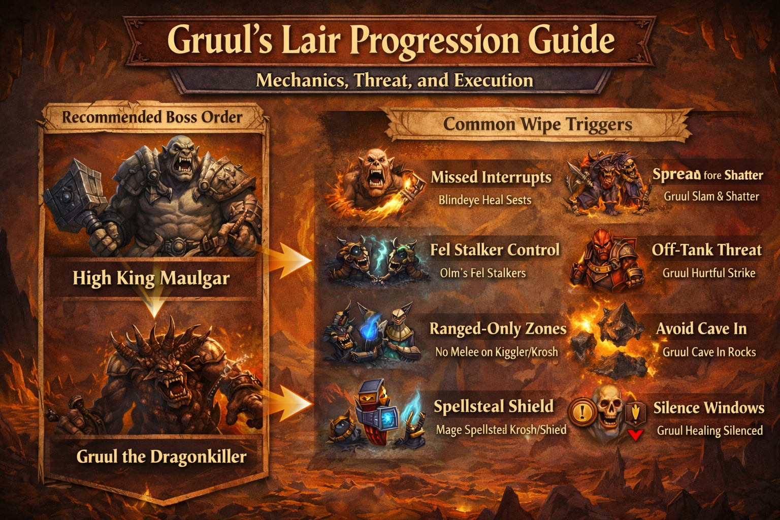 Gruul’s Lair progression guide, High King Maulgar strategy, Maulgar kill order, Blindeye Prayer of Healing interrupt, Olm Dark Decay stacks, Enslave Demon fel stalkers Gruul’s Lair progression guide, High King Maulgar strategy, Maulgar kill order, Blindeye Prayer of Healing interrupt, Olm Dark Decay stacks, Enslave Demon fel stalkers