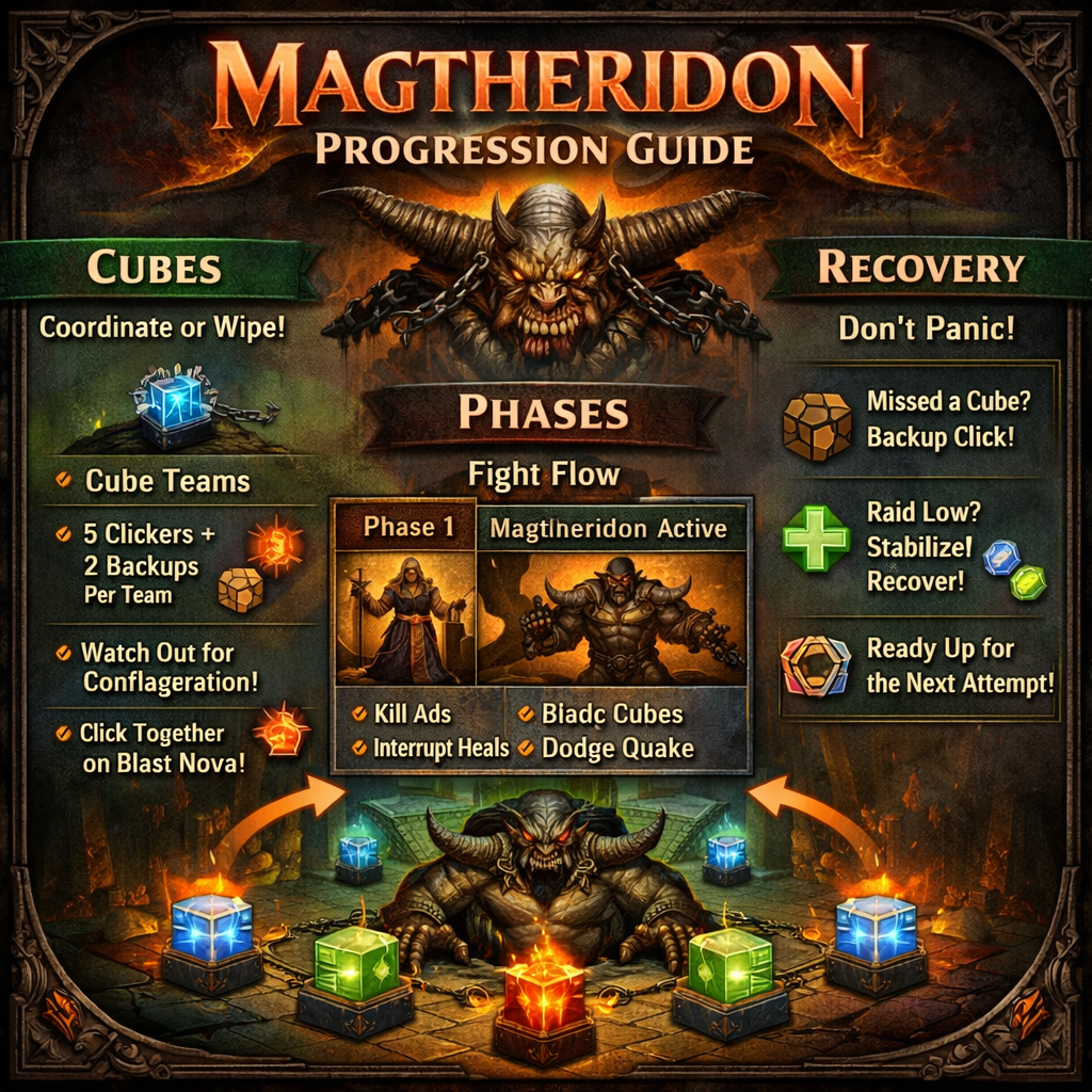 Magtheridon progression guide, Manticron Cube rotation, Blast Nova interrupt, Mind Exhaustion debuff, Hellfire Channelers Phase 1, Dark Mending interrupt