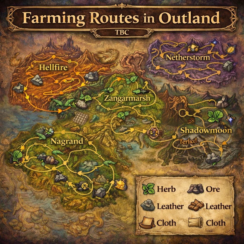 Outland farming routes, TBC herb routes, TBC mining routes, TBC skinning routes, netherweave cloth spots, felweed route