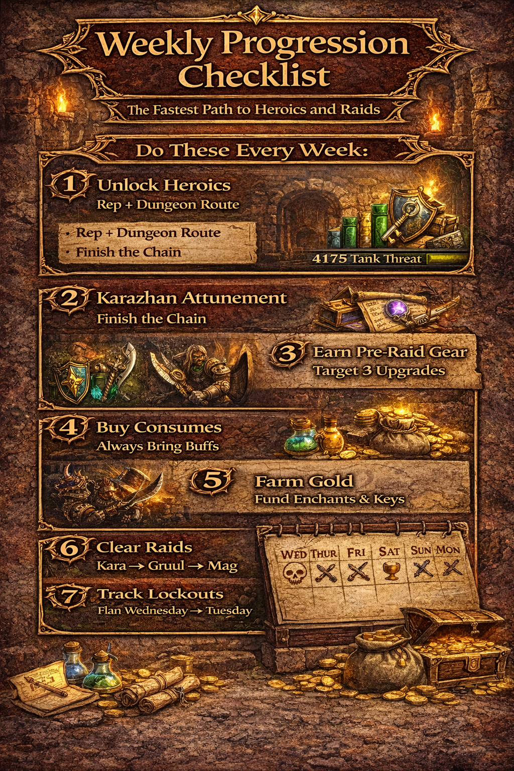 weekly progression checklist TBC, fastest path to heroics TBC, TBC Classic raid ready checklist, Karazhan attunement fast, heroic keys honored revered