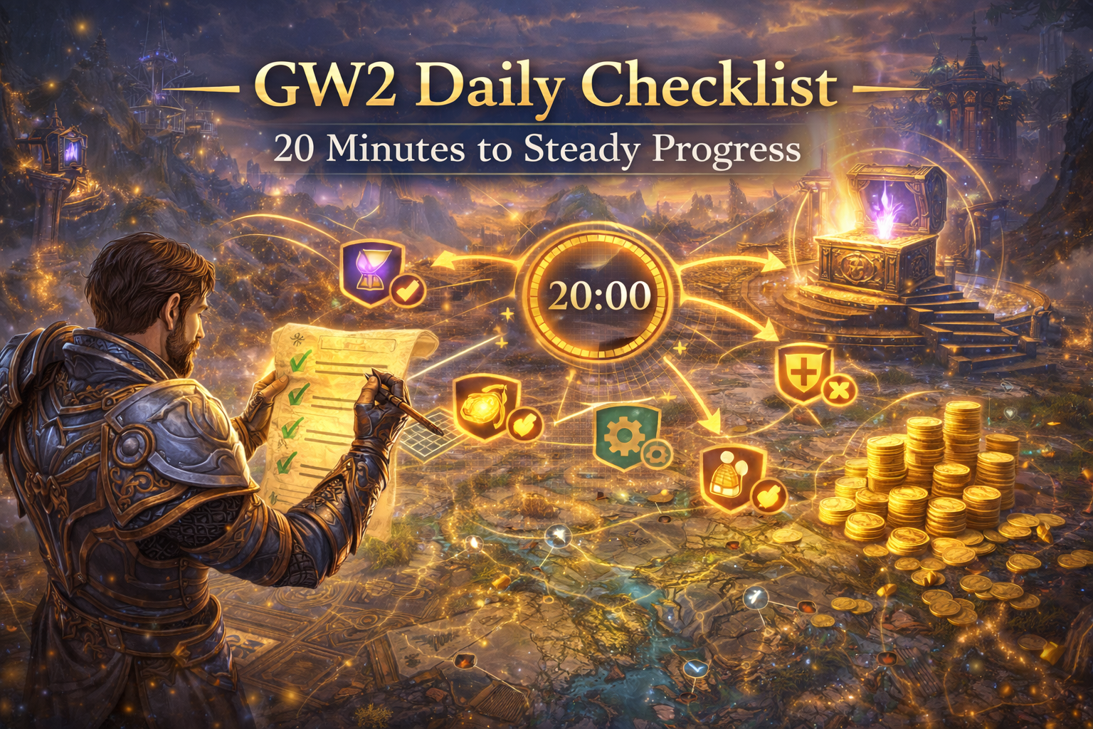 GW2 daily checklist, GW2 daily routine 2025, 20 minute GW2 progress, Wizard’s Vault daily, Astral Acclaim daily