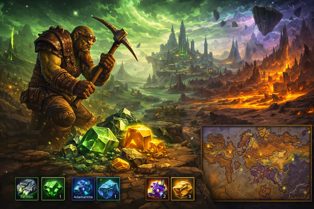 WoW TBC Classic Mining, TBC Mining guide, Mining 1-375 TBC, Outland Mining, Fel Iron Ore farming, Adamantite Ore farming