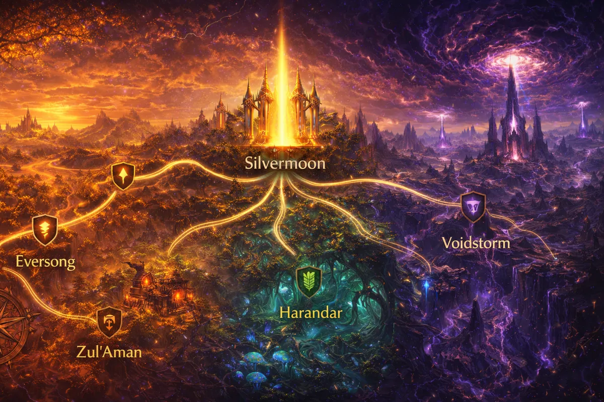 WoW Midnight fast travel, Midnight travel routes, Silvermoon City hub travel, Arcantina Key teleport, Skyride routes Midnight, Eversong Woods no loading screens