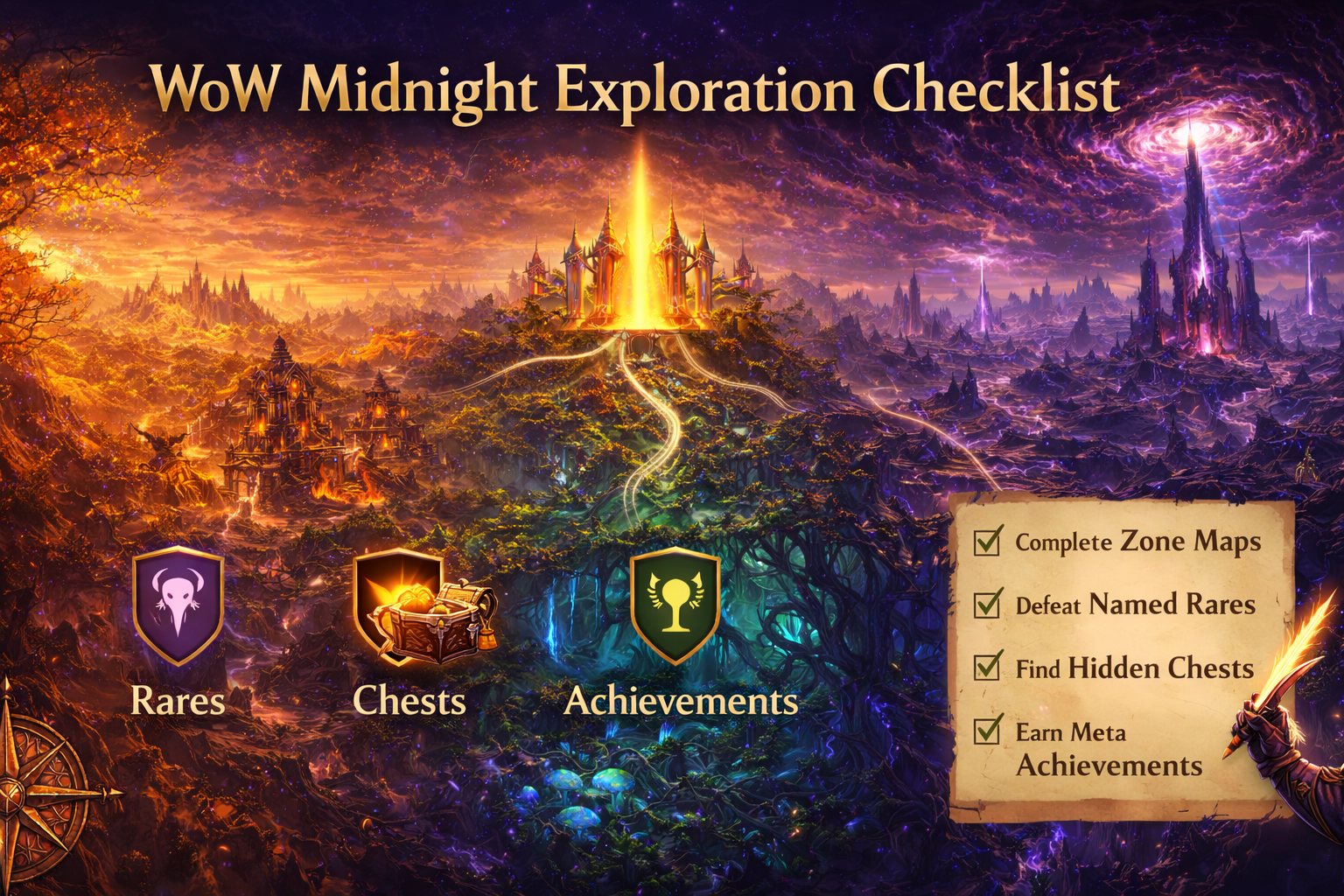 WoW Midnight exploration checklist, Midnight rares, Midnight treasures, Eversong Woods Midnight guide, Zul’Aman Midnight guide, Harandar Midnight guide, Voidstorm Midnight guide