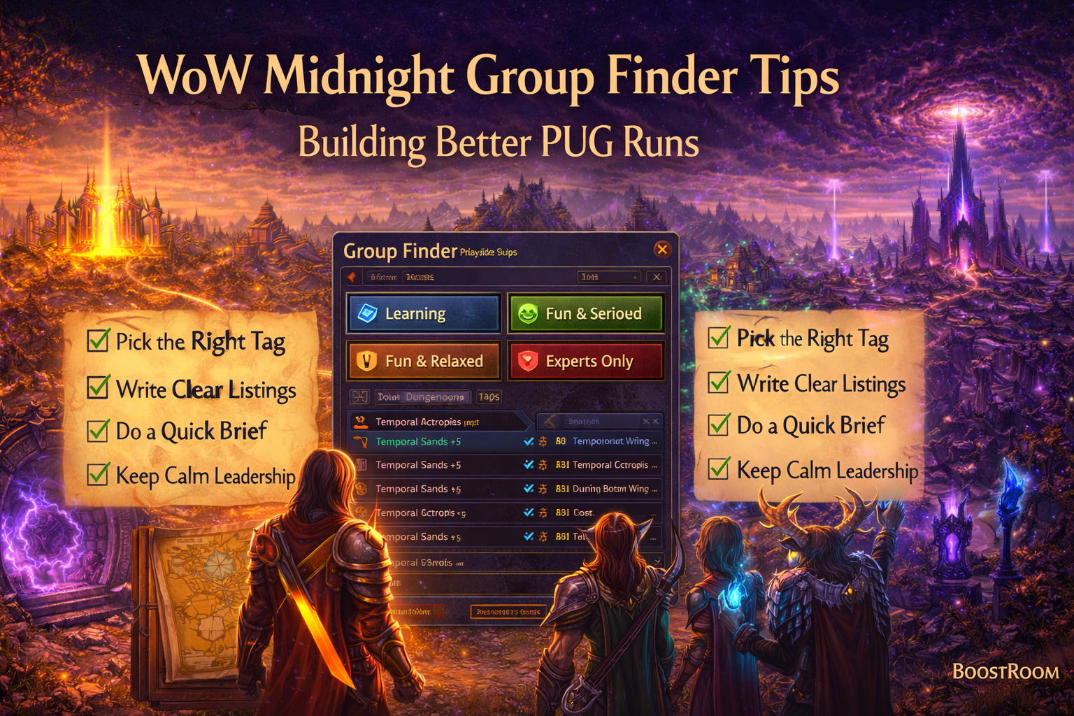 WoW Midnight group finder tips, WoW Midnight PUG guide, premade group finder playstyle, Learning group Midnight, Fun & Relaxed group, Fun & Serious group, Experts Only group