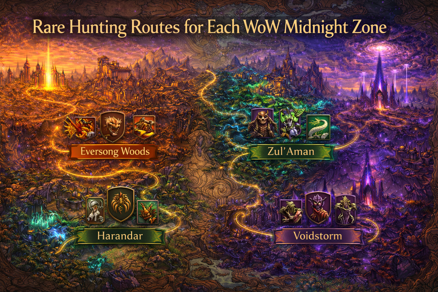 WoW Midnight rares, Midnight rare hunting routes, Eversong Woods rares, Zul’Aman rares, Harandar rares, Voidstorm rares, rare train Midnight, WoW rare farming, Midnight exploration achievements