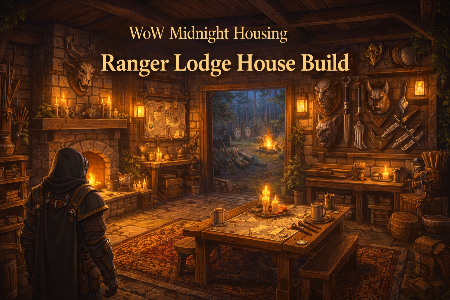 WoW Midnight ranger lodge house, ranger lodge housing build, hunter lodge house WoW Midnight, Trueshot Lodge decor housing, cozy lodge interior WoW housing, rustic cabin WoW Midnight