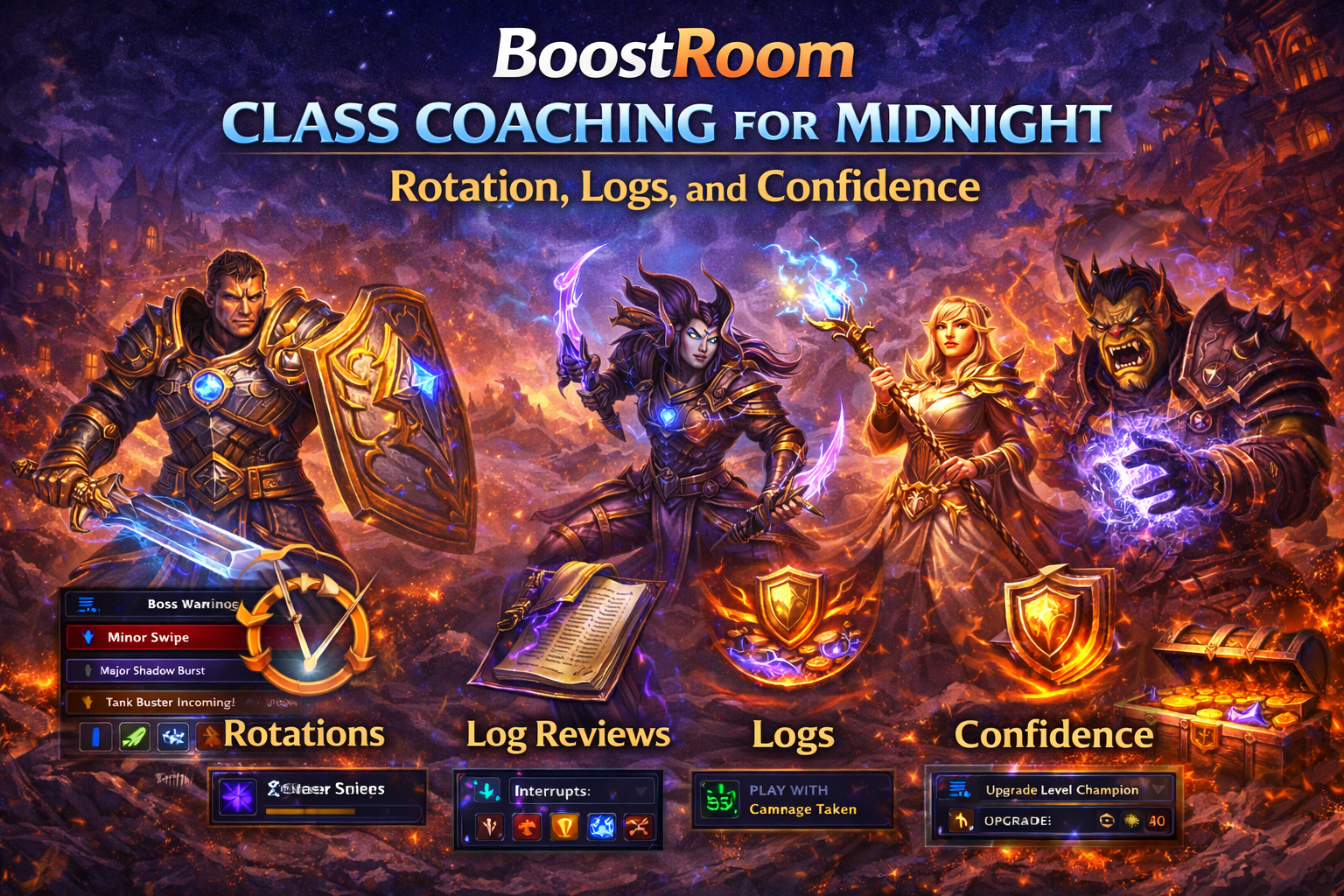 BoostRoom class coaching Midnight, WoW Midnight coaching, rotation coaching WoW, log review WoW, Warcraft logs coaching, Midnight pre-expansion class changes, Midnight talent trees