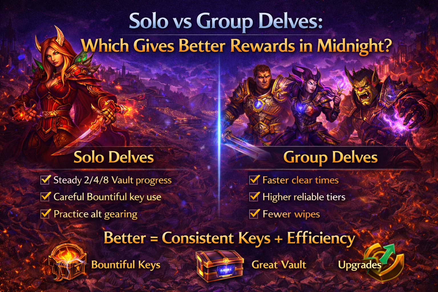 WoW Midnight Delves solo vs group, solo Delves Midnight rewards, group Delves Midnight rewards, Valeera Sanguinar Delves, Nemesis Delve Midnight, Torment’s Rise Nemesis Delve, Bountiful Delves Midnigh