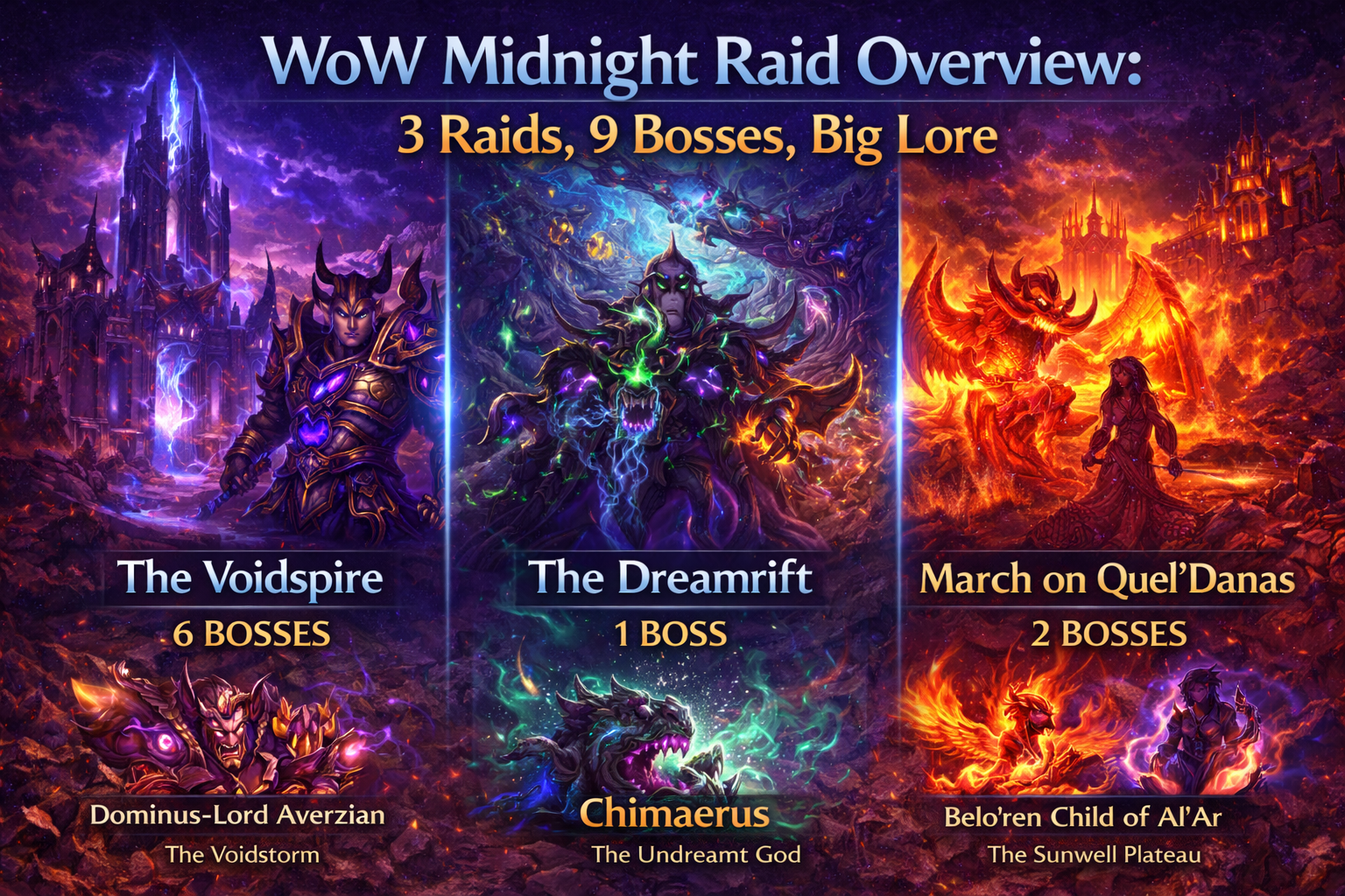 WoW Midnight raid overview, Midnight Season 1 raids, 3 raids 9 bosses Midnight, The Voidspire raid, The Dreamrift raid, March on Quel’Danas raid, Midnight raid bosses, Dominus-Lord Averzian
