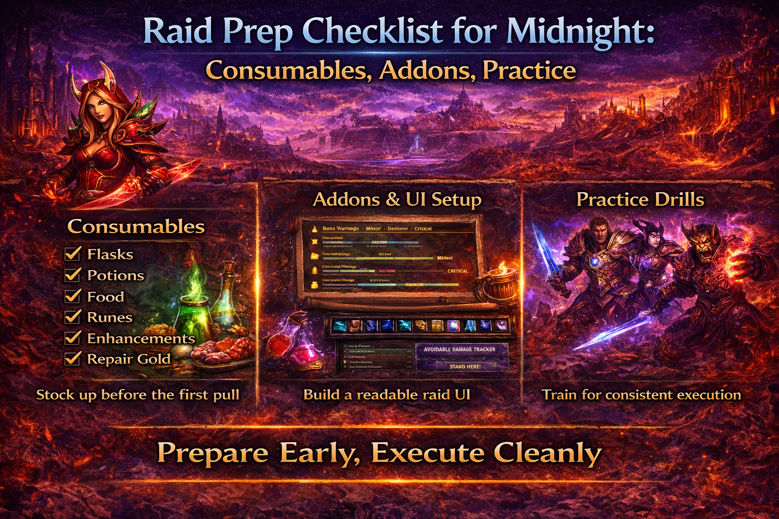 WoW Midnight raid prep checklist, Midnight raid consumables, Midnight raid addons, Midnight UI setup raids, Boss Warnings timeline raids, Boss Text Alerts Midnight, Cooldown Manager alerts Midnight