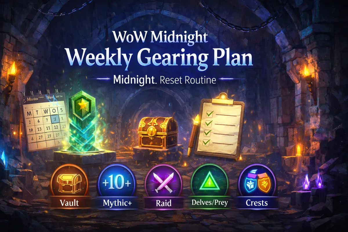 WoW Midnight weekly gearing plan, WoW Midnight reset routine, Midnight Great Vault guide, Midnight Mythic+ weekly plan, Midnight raid weekly gearing, Midnight Prey system gearing