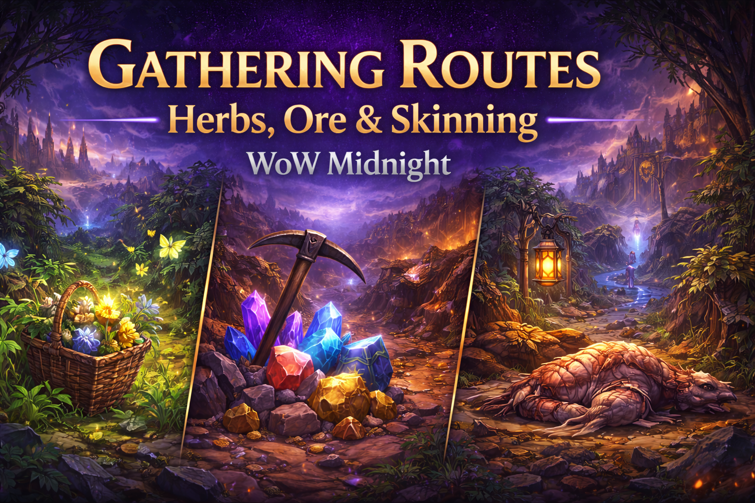 WoW Midnight gathering routes, Midnight herbalism routes, Midnight mining routes, Midnight skinning paths, best gathering routes Midnight, herbs ore skinning Midnight, Eversong Woods gathering route