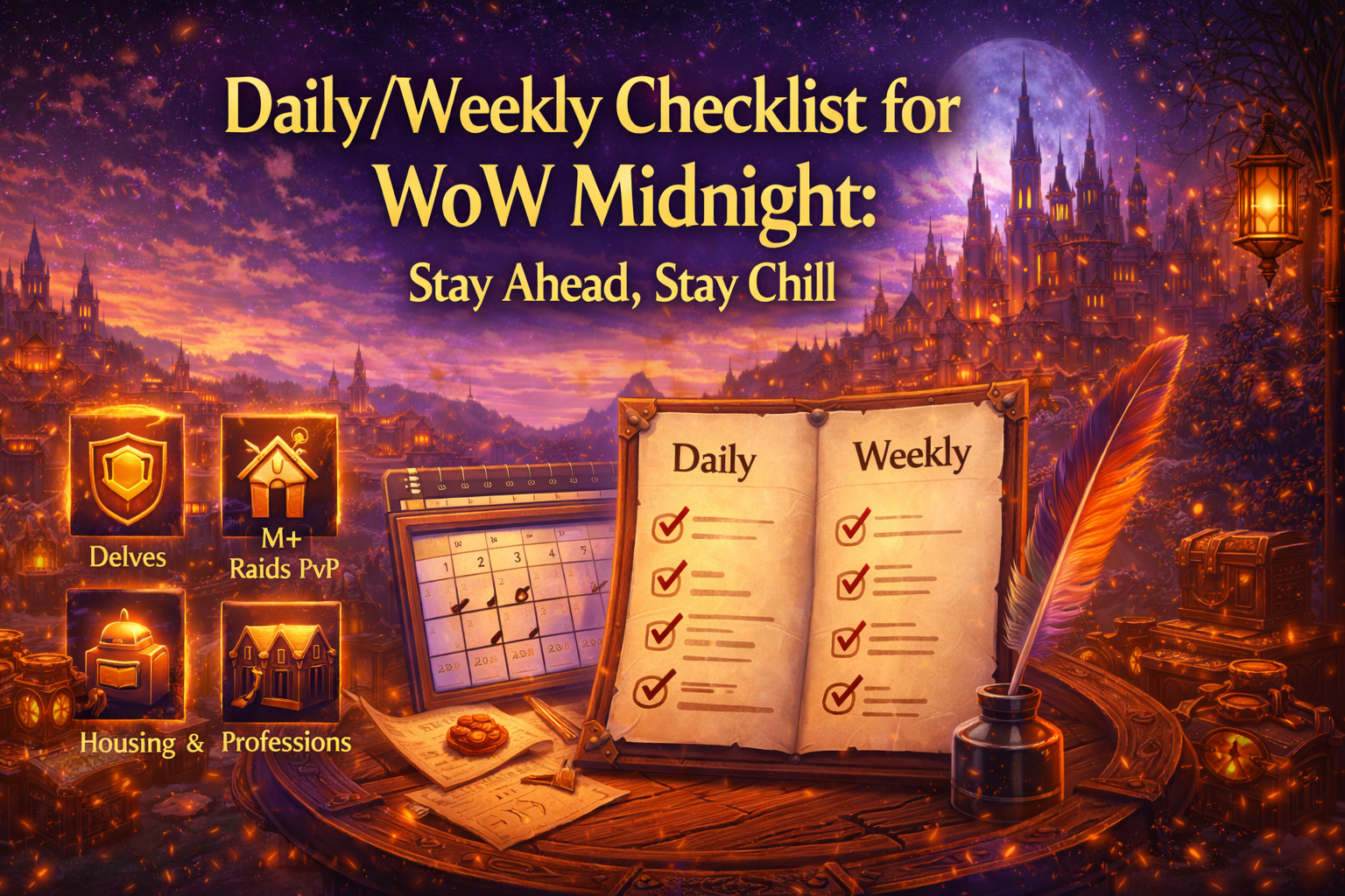 WoW Midnight checklist, WoW Midnight daily checklist, WoW Midnight weekly checklist, Midnight reset routine, Midnight gearing routine, Midnight Delves checklist, Midnight Mythic+ weekly