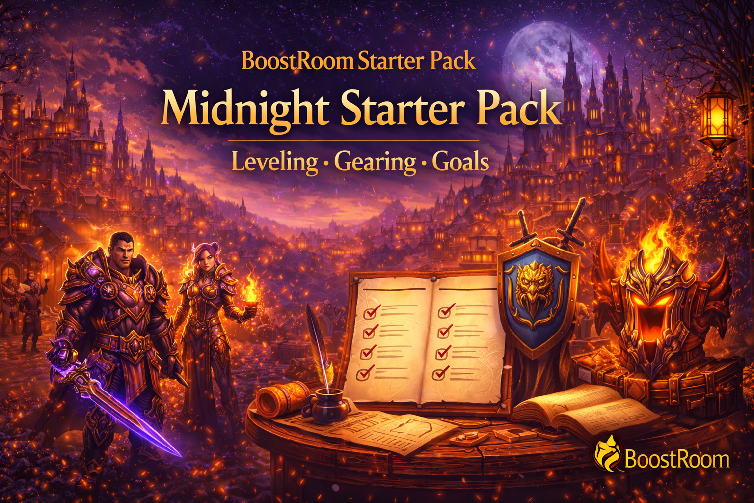 BoostRoom Starter Pack WoW Midnight, WoW Midnight leveling to 90, WoW Midnight gearing guide, Midnight launch checklist, WoW Midnight catch-up gear, Twilight Ascension gear 121