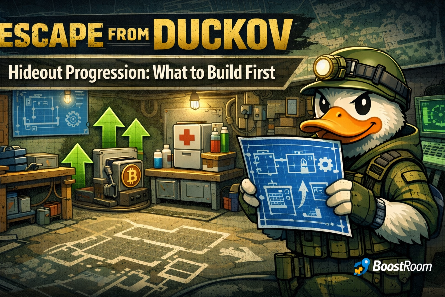escape from duckov hideout guide, duckov bunker progression, what to build first duckov, basic workbench, advanced workbench, medic station, weapon shop, tech center, teleporter, bitcoin miner