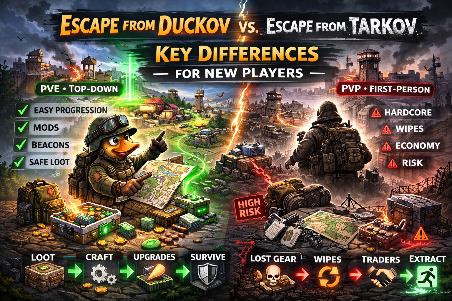 escape from duckov vs escape from tarkov, duckov vs tarkov differences, duckov beginner guide, tarkov beginner guide, pve extraction shooter vs pvp extraction shooter, duckov steam workshop mods