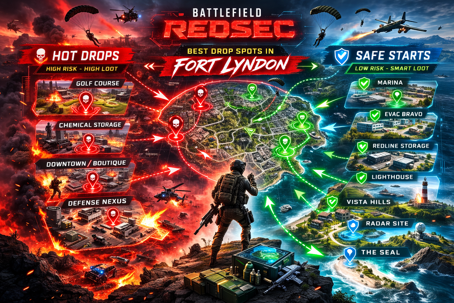 best drop spots Fort Lyndon, Battlefield REDSEC hot drops, Battlefield REDSEC safe drops, Golf Course hot drop, Chemical Storage landing, Downtown Boutique District drop, Marina safe start best drop spots Fort Lyndon, Battlefield REDSEC hot drops, Battlefield REDSEC safe drops, Golf Course hot drop, Chemical Storage landing, Downtown Boutique District drop, Marina safe start