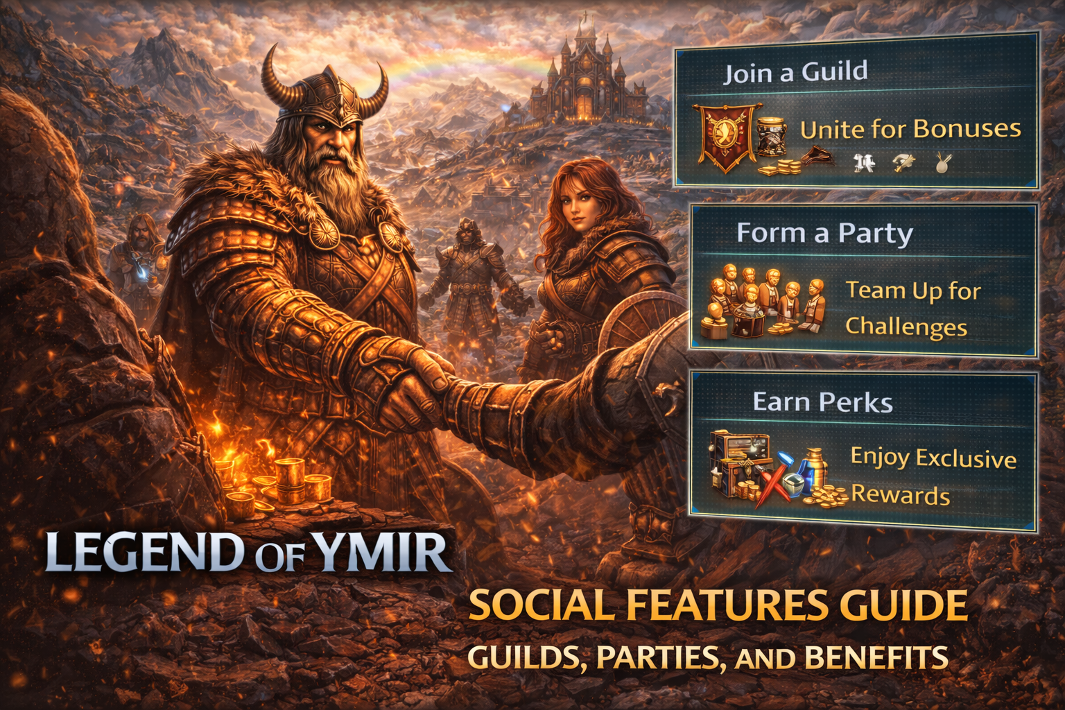 Legend of YMIR social features, Legend of YMIR guild guide, Legend of YMIR clan guide, Legend of YMIR parties, Legend of YMIR friends list, Menu > Friend, Menu > Clan, clan level 15 requirement