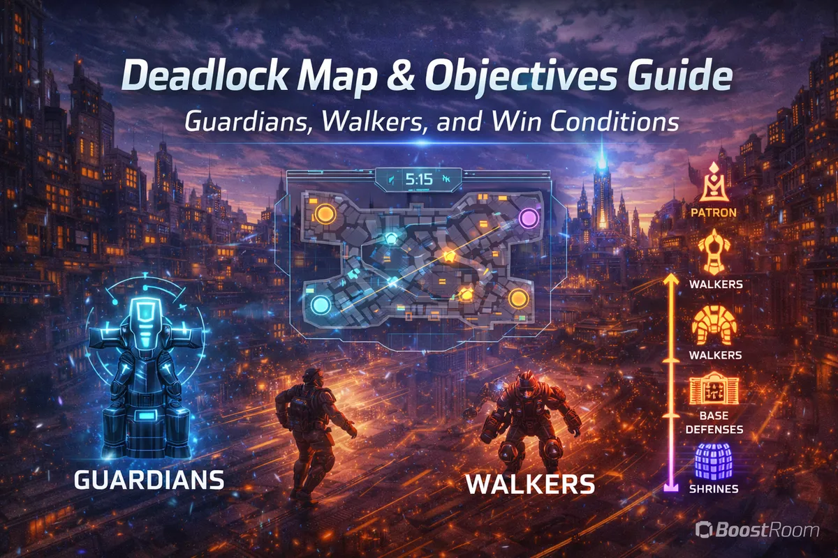 Deadlock map guide 2026, Deadlock objectives guide, Guardians Deadlock, Walkers Deadlock, Deadlock win conditions, Shrines Deadlock, Patron phases, Base Guardians Deadlock