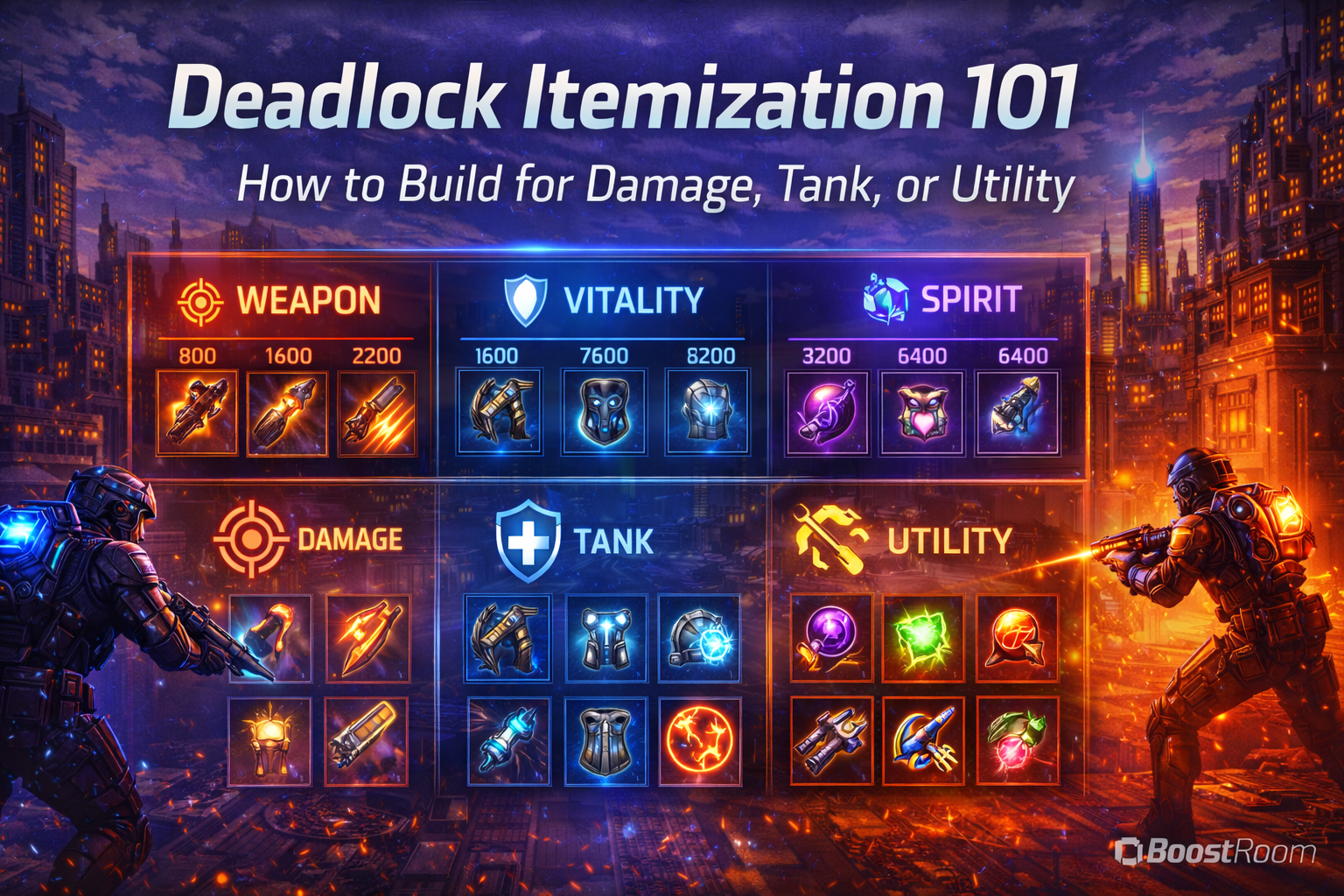 Deadlock itemization guide 2026, Deadlock items 800 1600 3200 6400, Deadlock investment bonuses, weapon investment, vitality investment, spirit investment, Deadlock build damage, Deadlock tank build