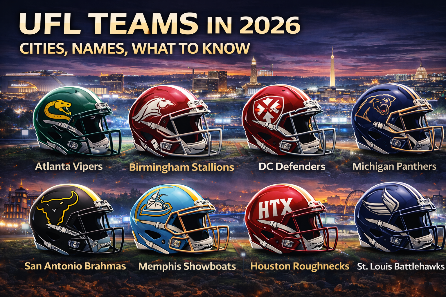 UFL teams 2026, UFL cities 2026, UFL stadiums 2026, Birmingham Stallions, Columbus Aviators, Dallas Renegades, DC Defenders, Houston Gamblers, Louisville Kings, Orlando Storm, St. Louis Battlehawks UFL teams 2026, UFL cities 2026, UFL stadiums 2026, Birmingham Stallions, Columbus Aviators, Dallas Renegades, DC Defenders, Houston Gamblers, Louisville Kings, Orlando Storm, St. Louis Battlehawks