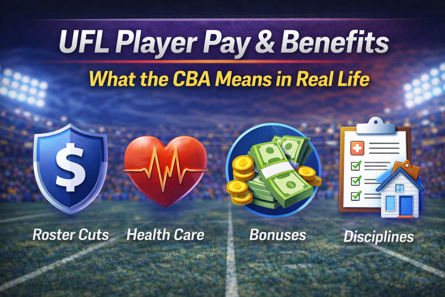 UFL player pay 2026, UFL CBA explained, UFL benefits 2026, UFL minimum salary 2026, UFL year-round health care, UFL housing stipend, UFL roster size 2026, UFL training camp roster 64