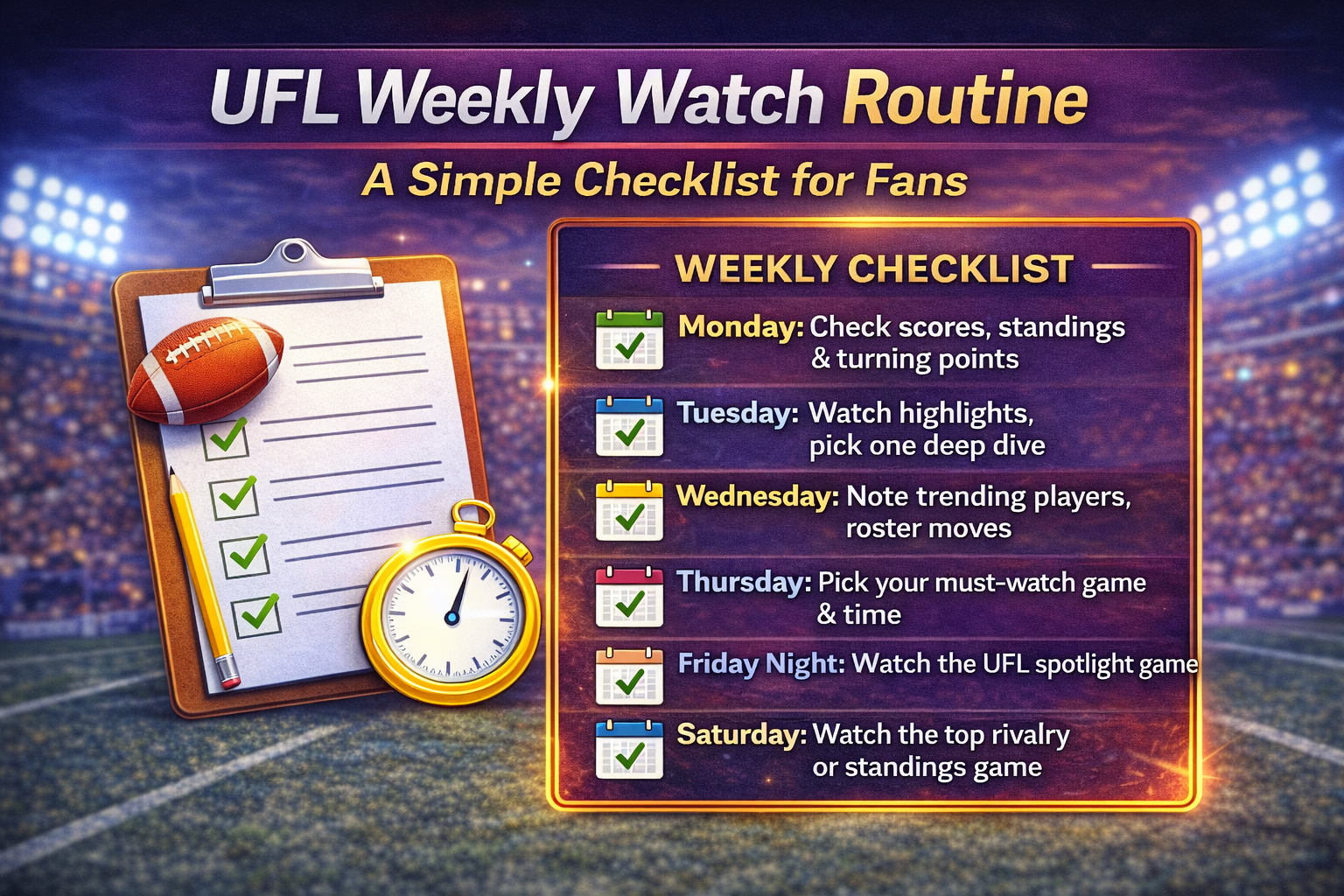 UFL weekly watch routine, UFL checklist for fans, UFL 2026 weekly schedule routine, how to follow UFL each week
