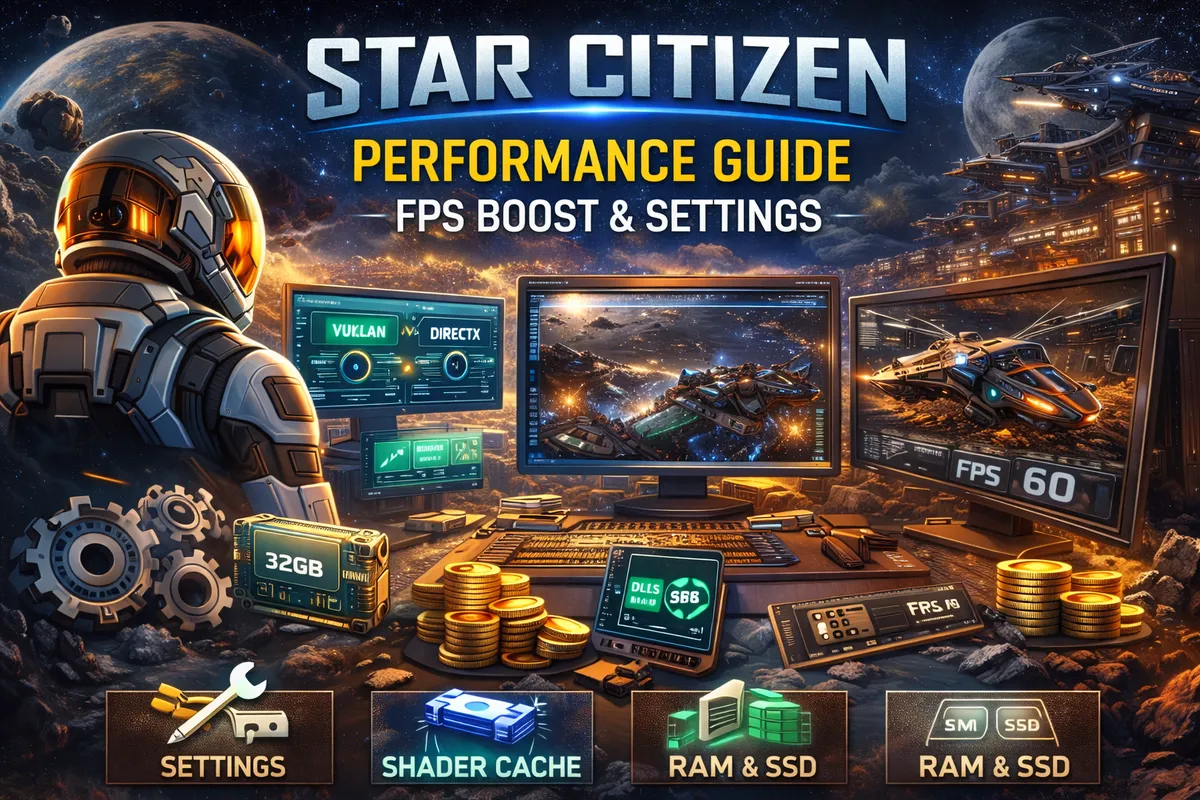 Star Citizen performance guide, Star Citizen FPS boost, Star Citizen best settings 2026, Star Citizen Vulkan vs DirectX, Star Citizen stutter fix, Star Citizen shader cache, Star Citizen upscaling DLS