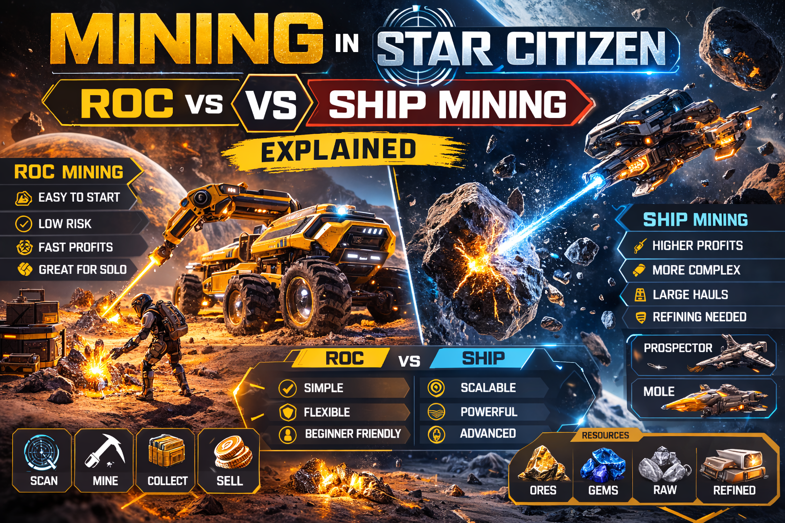Star Citizen mining guide 2026, ROC mining vs ship mining, Star Citizen ROC mining, Star Citizen Prospector mining, Star Citizen MOLE mining, how to mine Star Citizen, Star Citizen mining scanner