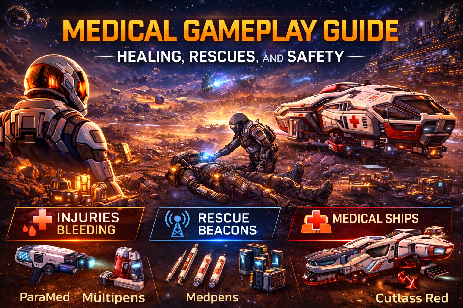 Star Citizen medical gameplay guide, Star Citizen healing guide 2026, Star Citizen injuries and bleeding, Star Citizen medpens, Star Citizen medgun ParaMed, Star Citizen medical bed tiers