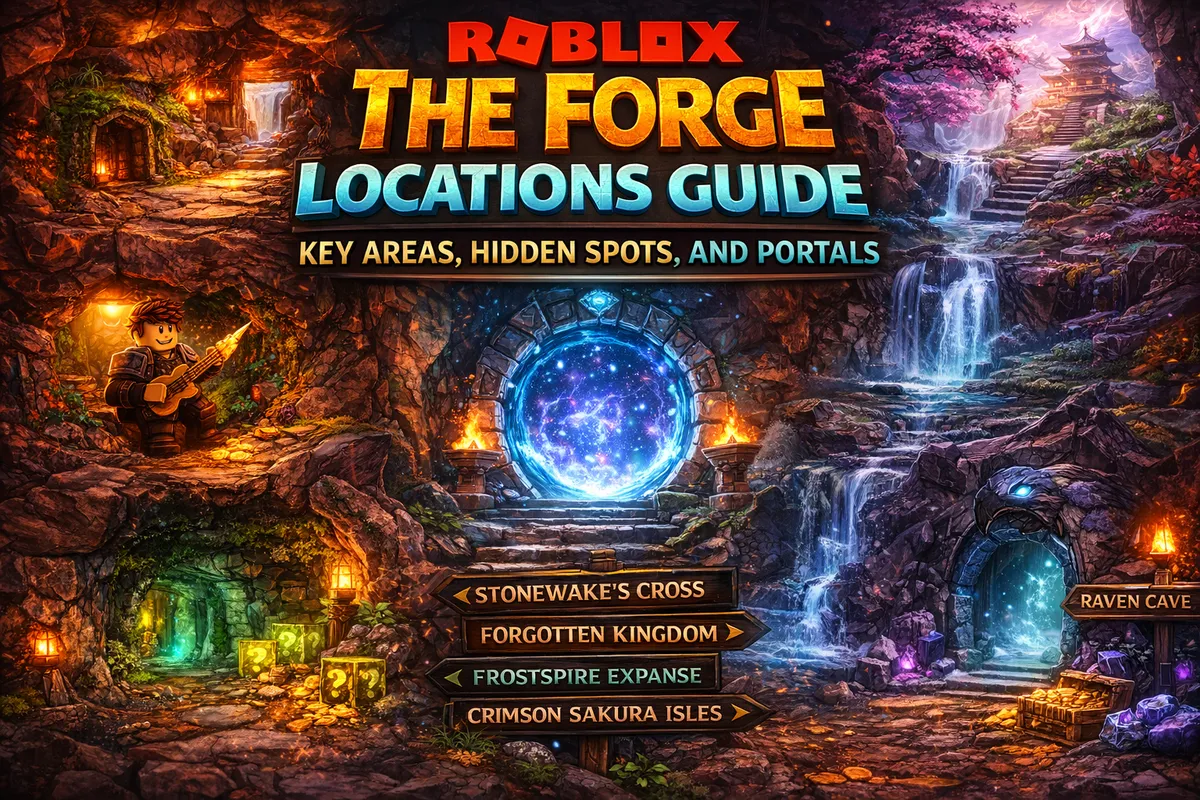 Roblox The Forge locations guide, The Forge map guide, Stonewake’s Cross locations, Secret Cave The Forge, Fallen Angel’s Cave The Forge, Hidden Roof Lucky Blocks, Fichillium Lucky Block hut
