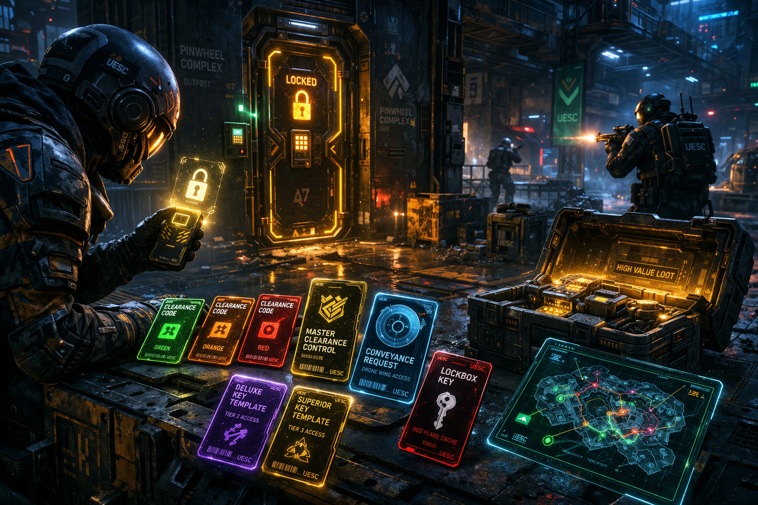 Marathon keycards, Marathon locked rooms, key farming routes Marathon, Outpost keycards, Pinwheel keys Marathon, Master Clearance Control keycard, restricted exfil key Outpost