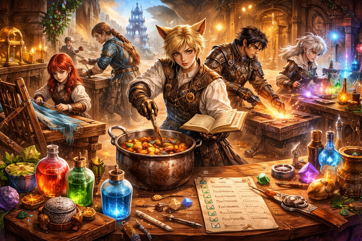 FFXIV crafting guide, crafting 101 FFXIV, how to start crafting FFXIV, best crafter to start, Carpenter Blacksmith Armorer Goldsmith Leatherworker Weaver Alchemist Culinarian