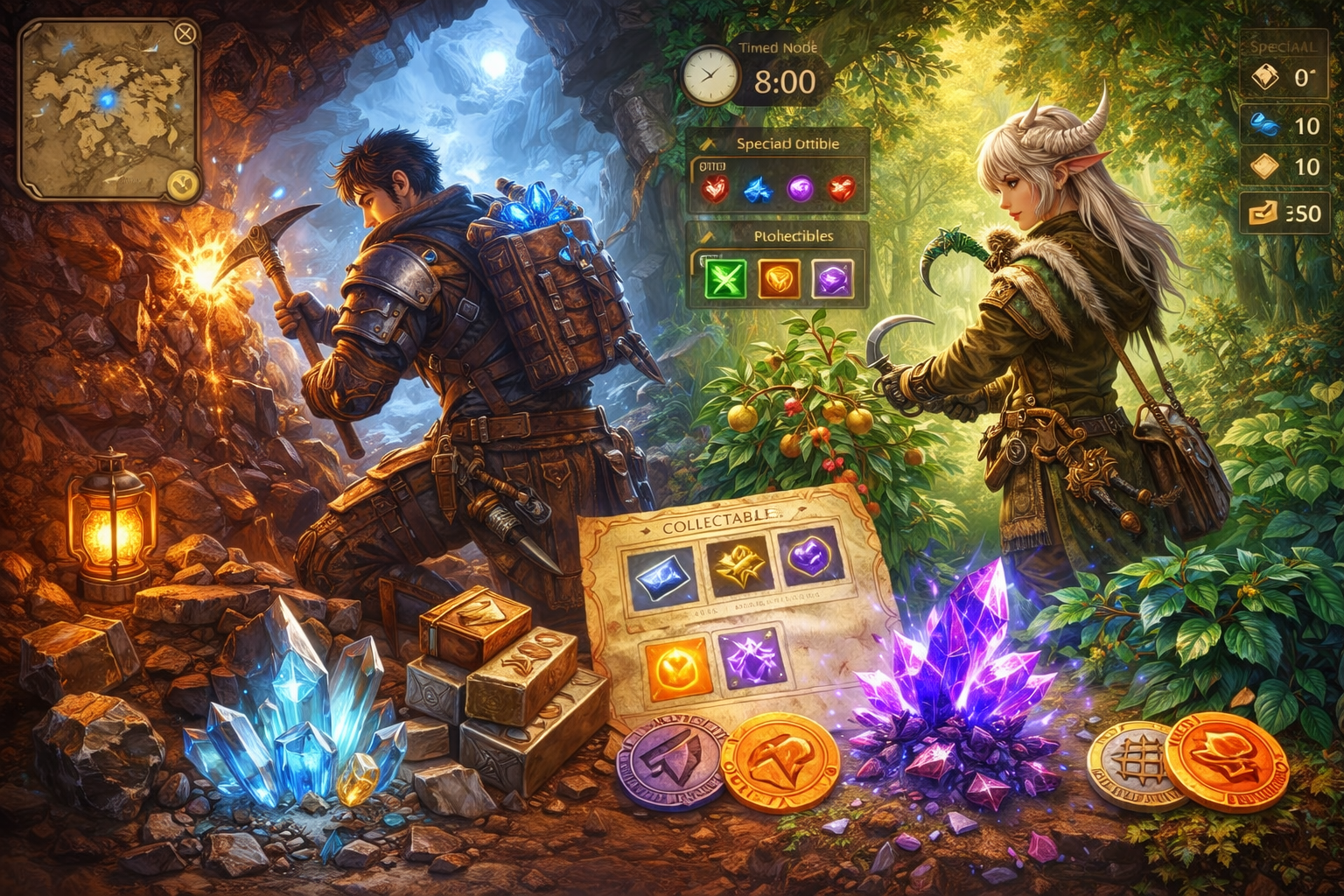 FFXIV gathering guide, Mining 101 FFXIV, Botany 101 FFXIV, miner leveling route, botanist leveling route, FFXIV scrips gatherers, Purple Gatherers’ Scrip