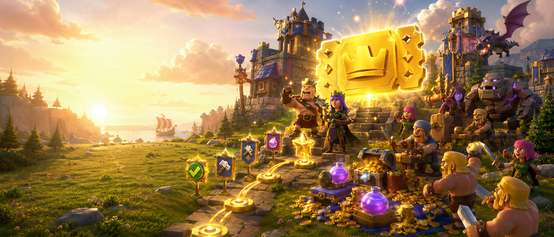 Clash of Clans Gold Pass 2026, Gold Pass best value, Gold Pass daily tasks, stamp cards Clash of Clans, season points stamps, Gold Pass choice nodes, Hoggy Bank Clash of Clans, Season Bank rework