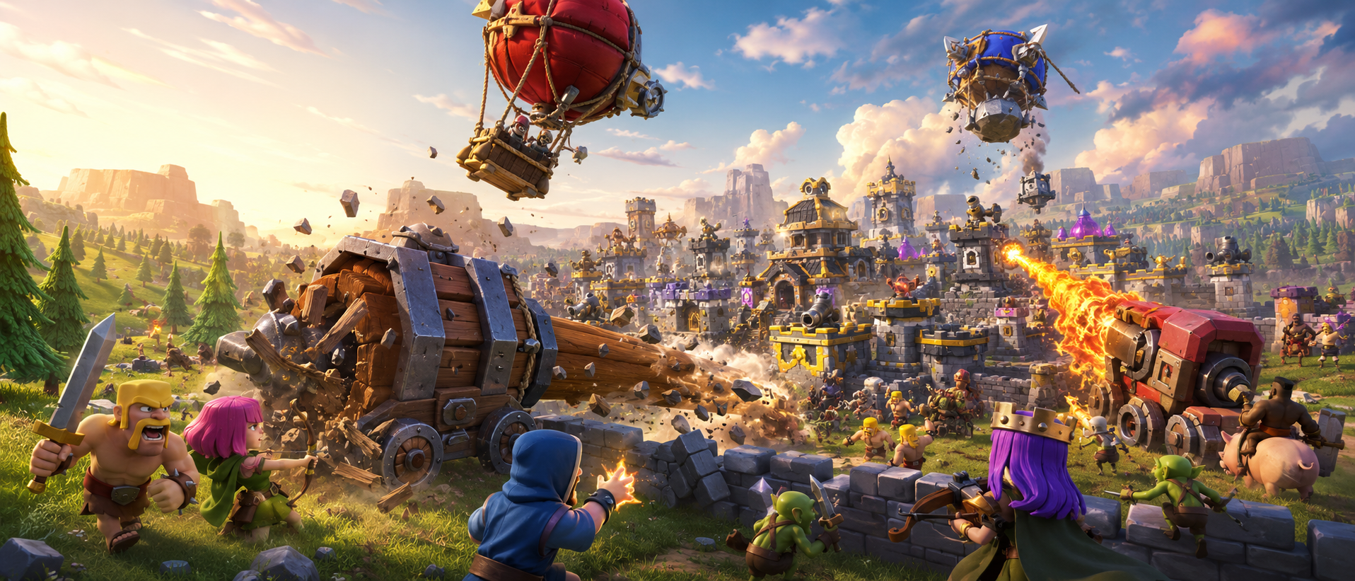 Clash of Clans siege machines guide, siege machines 101, when to use battle blimp, when to use log launcher, when to use flame flinger, when to use siege barracks, when to use wall wrecker
