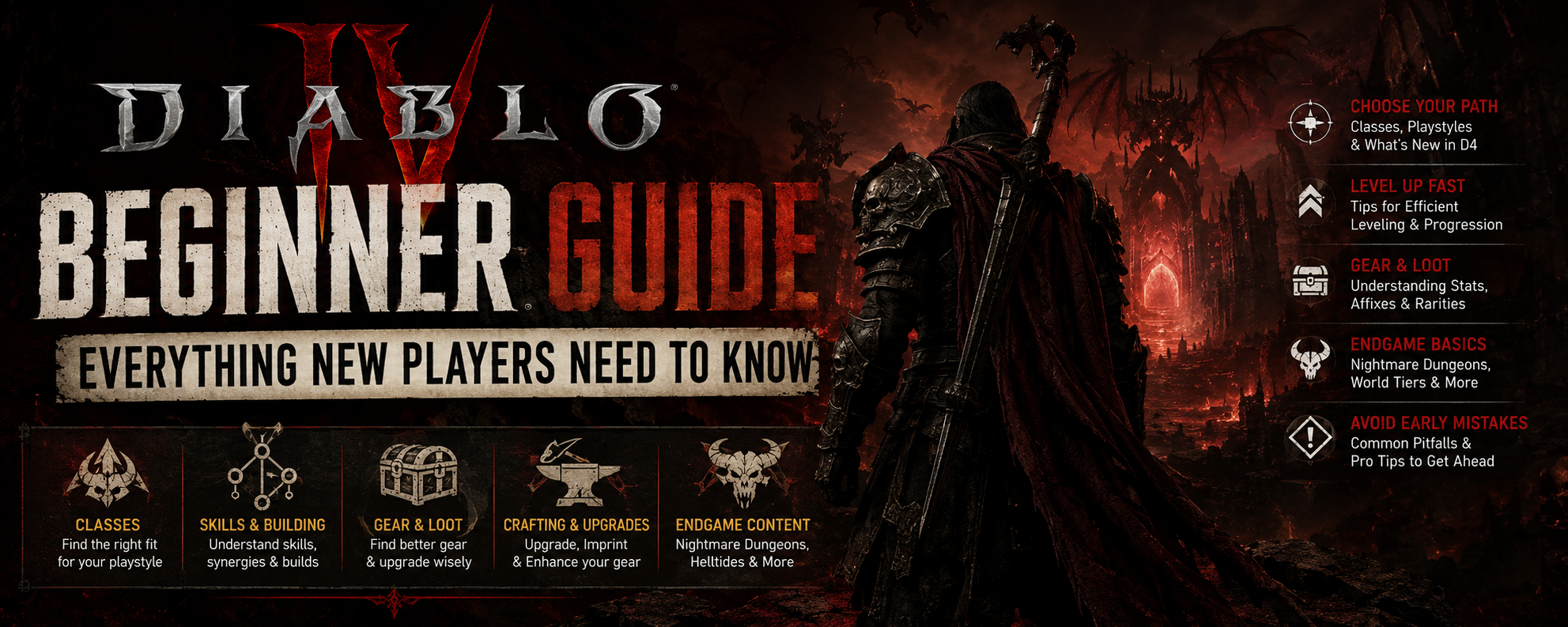 Diablo IV beginner guide, Diablo 4 beginner guide, Diablo IV new player guide, Diablo 4 tips, Diablo IV leveling guide, Diablo IV classes, Diablo IV gear guide, Diablo IV seasons, Diablo IV endgame